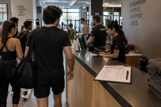 Members queueing at a gym reception counter