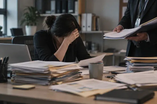 An administrator working through a stack of paperwork