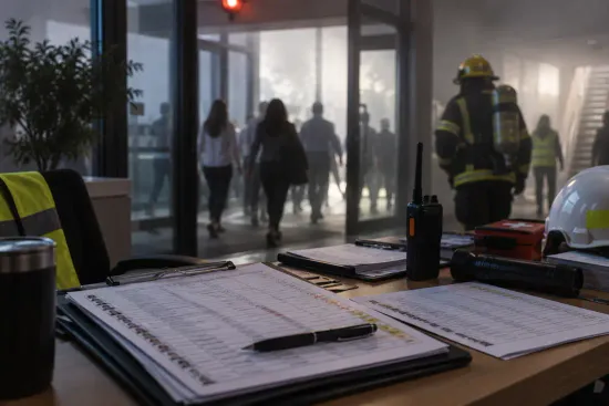 Firefighters entering a building during an evacuation