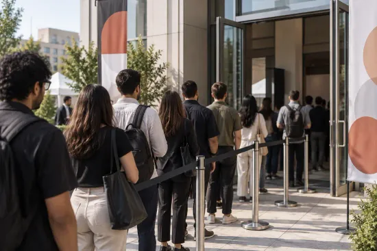 People waiting to be admitted at a building entrance