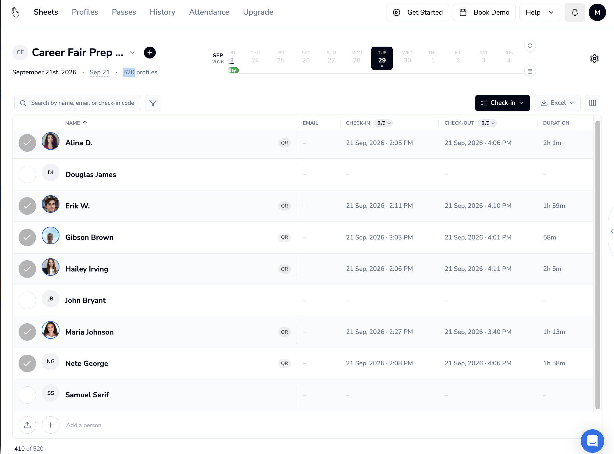 OneTap dashboard showing a live campus event attendance list with check-in and check-out times