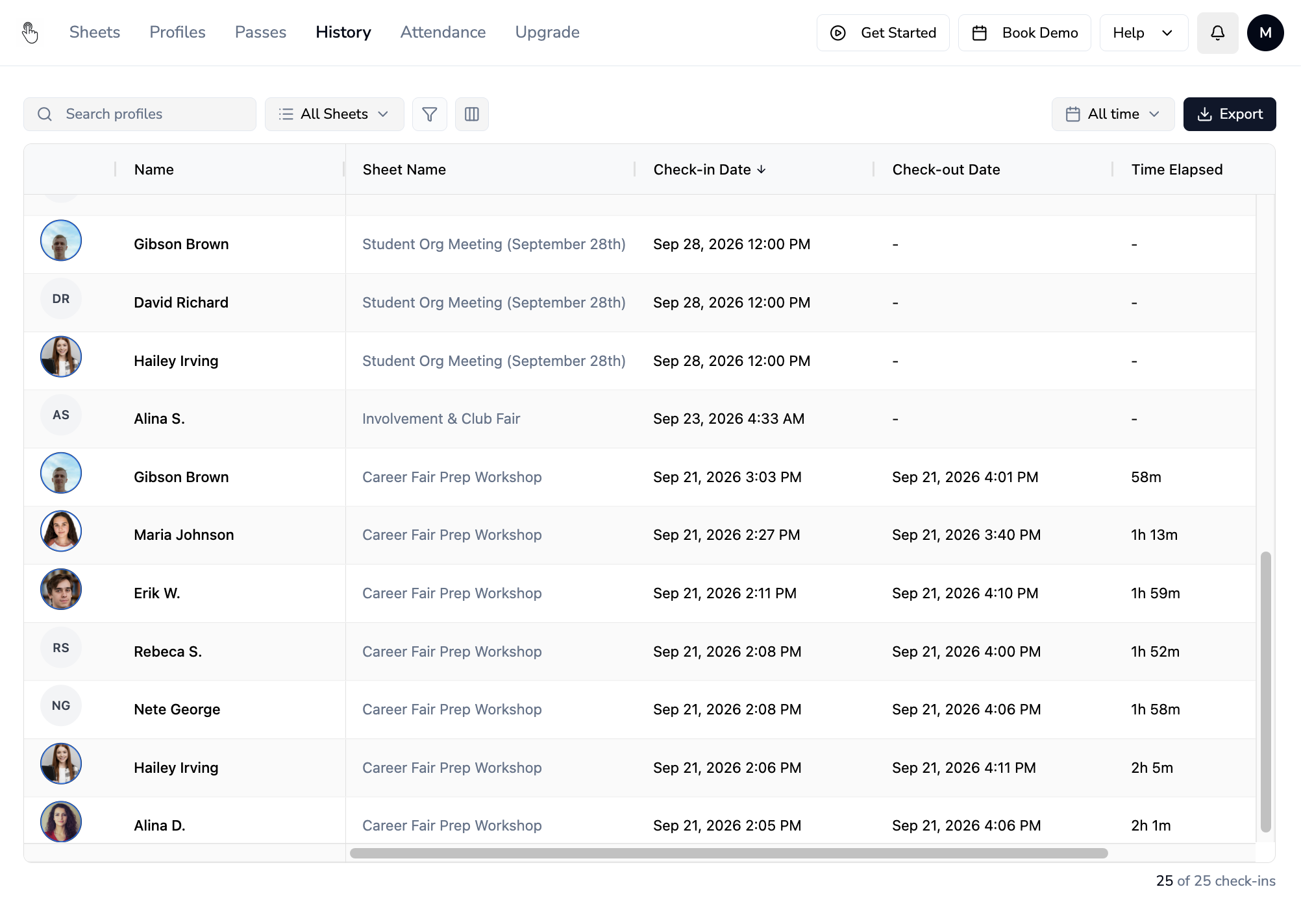 OneTap attendance history table showing check-in and check-out times across campus events, ready to export