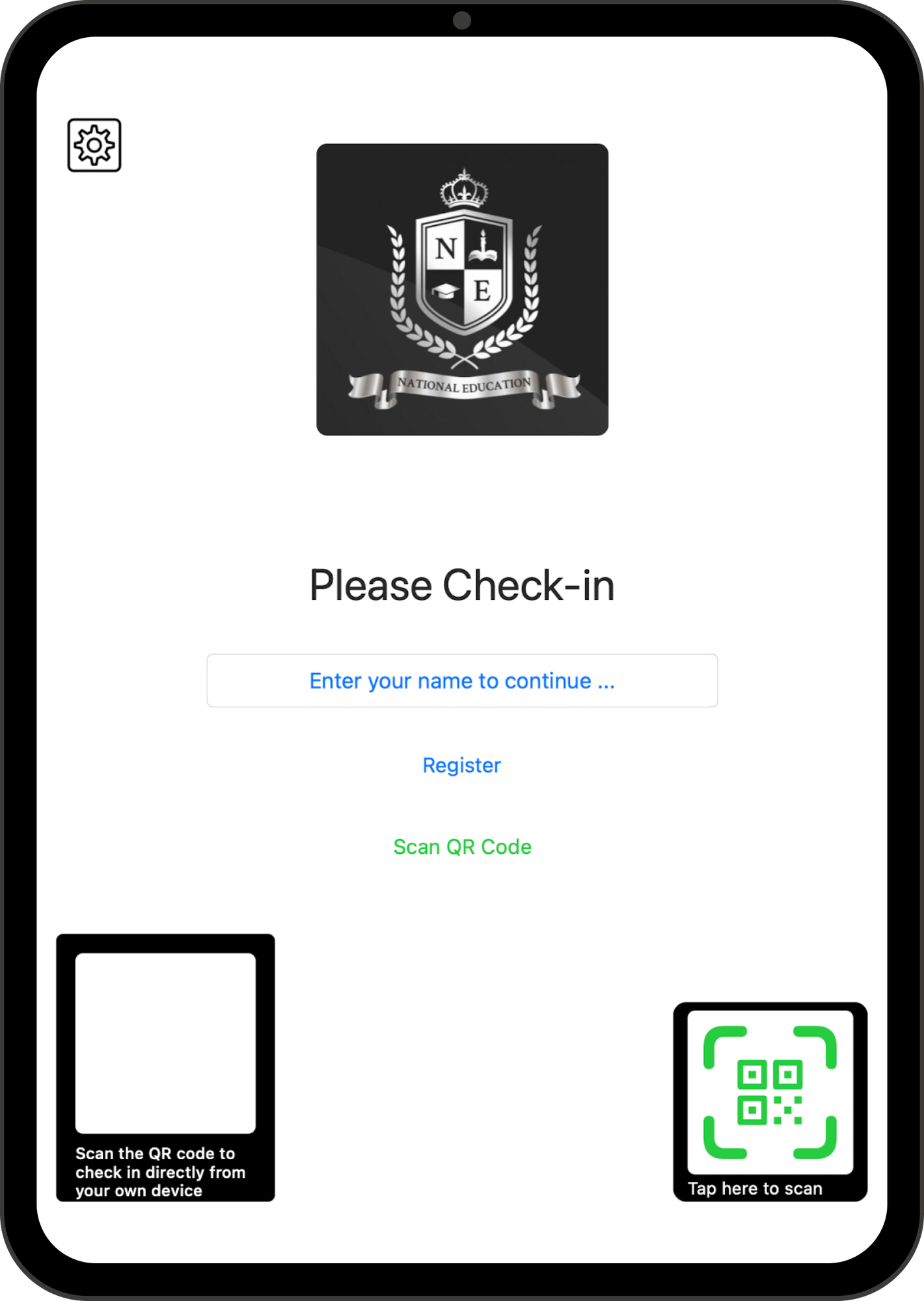 OneTap iPad kiosk check-in screen where students enter a name or scan a QR code
