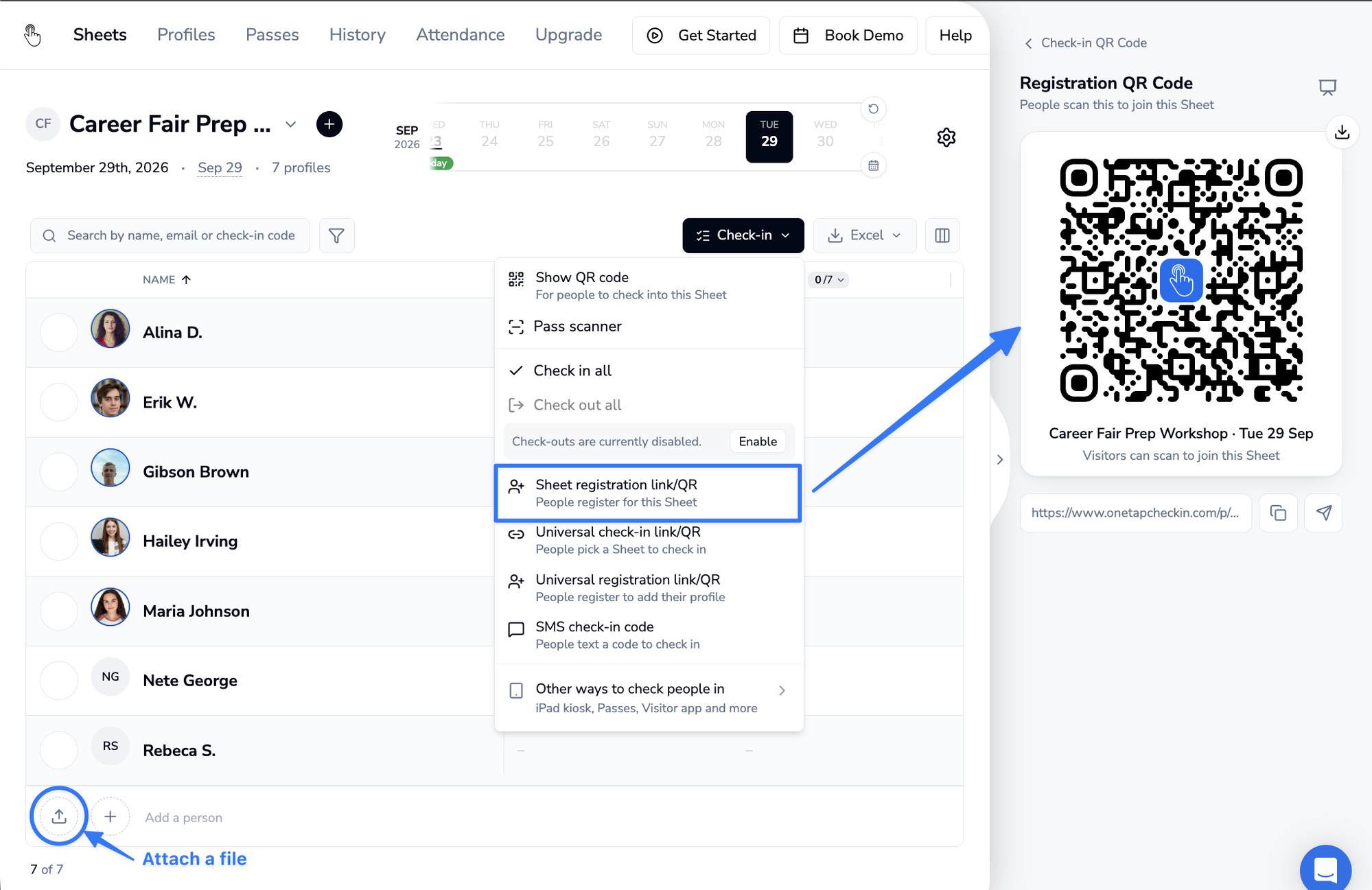 OneTap dashboard showing a Career Fair Prep sheet with the registration QR code panel open