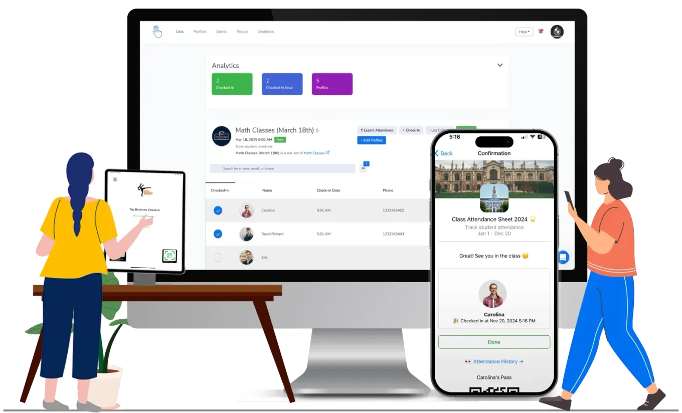 OneTap attendance dashboard on desktop with the check-in confirmation on a phone